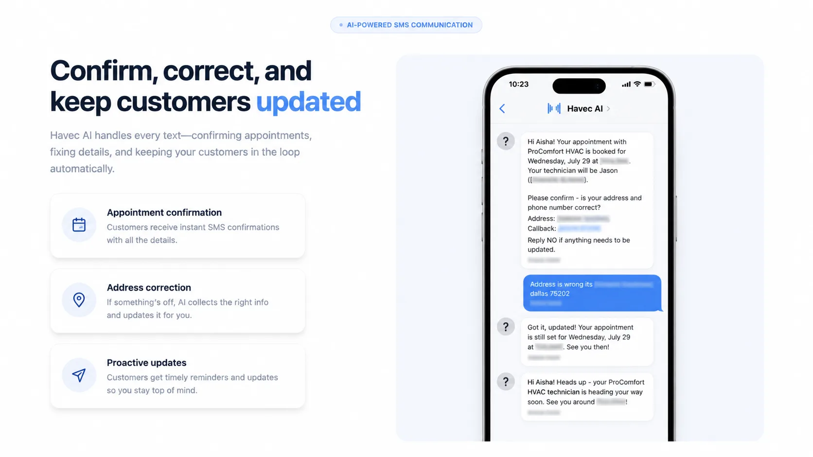 Havec AI SMS thread confirming an appointment and correcting a customer's address